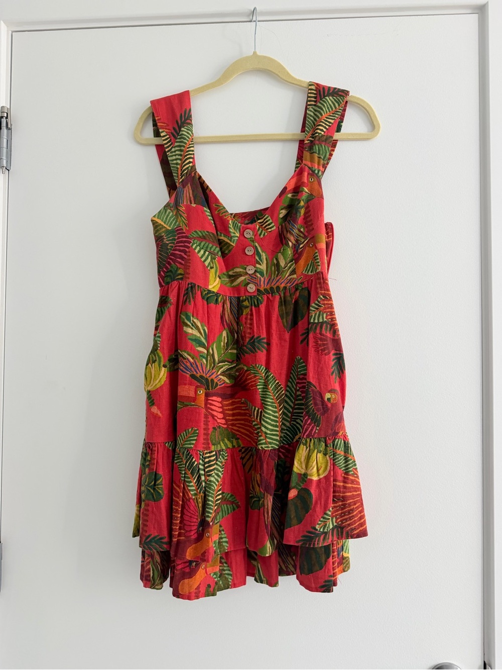 FARM Rio Red Tropical Mini Dress with Green Leaf Print